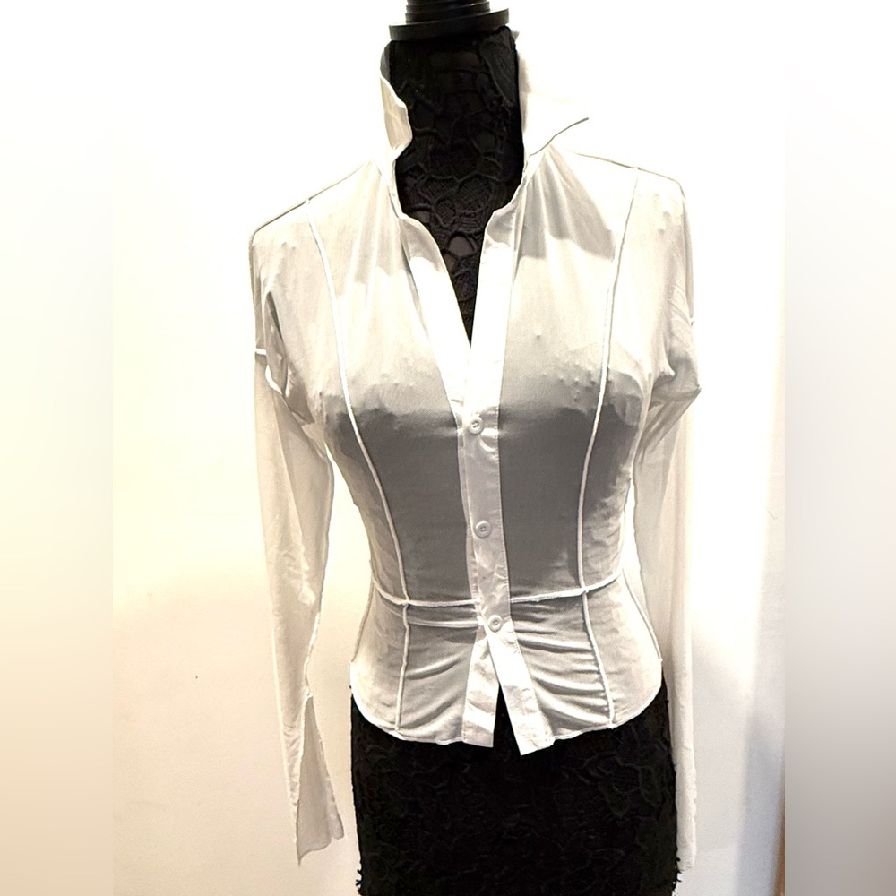 Shear white stretch mesh collar and button down blouse